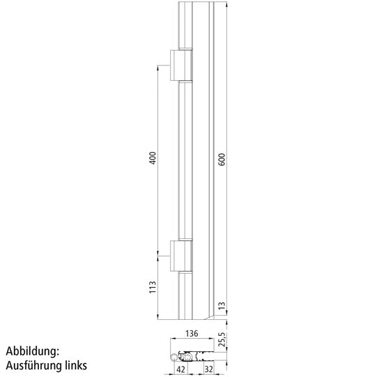 Dubbelledsgångjärn PWP, 613 mm, obehandlat, R