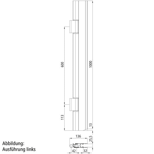 Dubbelledat gångjärn PWP, 1013 mm, anodiserad, höger