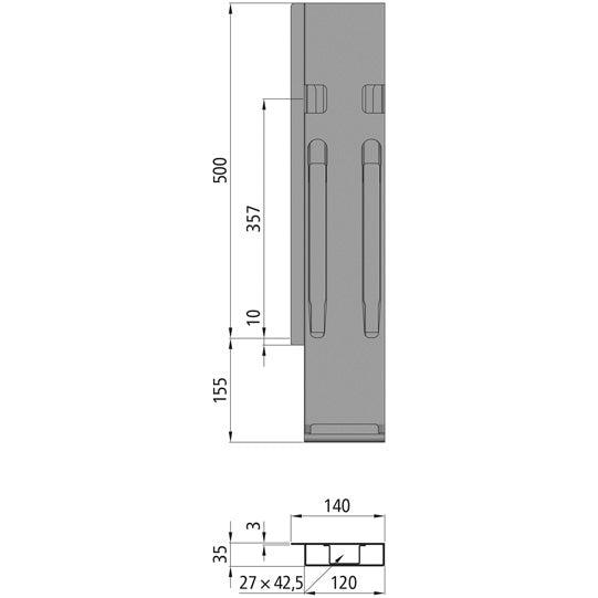 K20 Rear corner stanchion, L, KTL stl., 500 mm, w.lock, DV