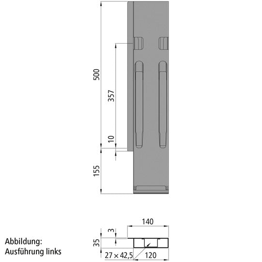 K20 Rear corner stanchion, R, stl. KTL, 500 mm, w.lock,DV