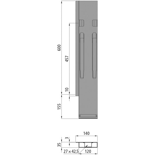 K20 Rear corner stanchion, L, KTL stl., 600 mm, w.lock, DV