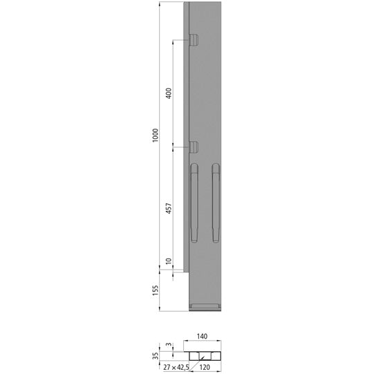 K20 Rear corner stanchion, L, KTL stl., 1000 mm, w/out lock, EV