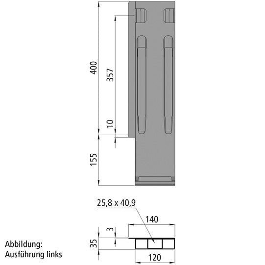 K20 rear corner stanchion, R, anodised aluminium, 400mm, w/ loc