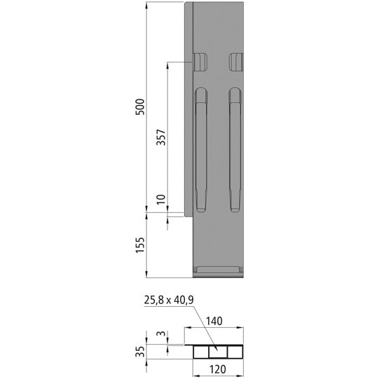 K20 takakulmapilari. L. anodisoitua alumiinia. 500 mm. lukolla