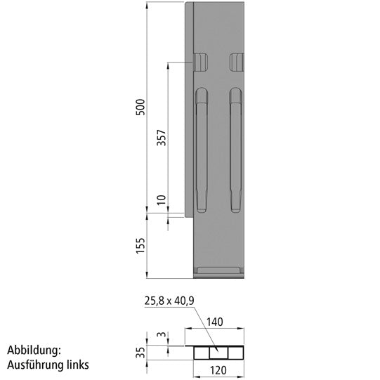 K20 takakulmapilari. oikea. anodisoitu alumiini. 500 mm. lukolla