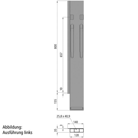 K20 takakulmapilari. oikea. anodisoitu alumiini. 800 mm. lukolla