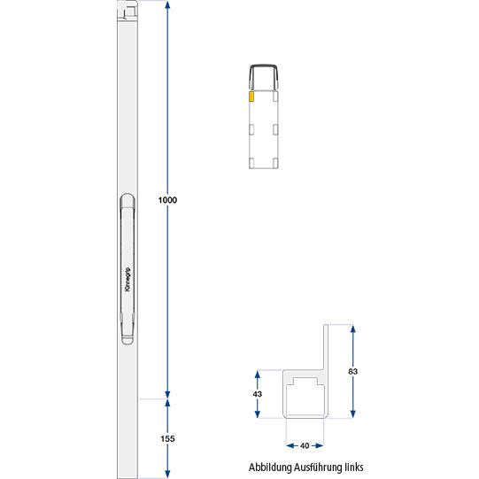 K30 alumiininen etupilari. oikea. 1000 mm BWH