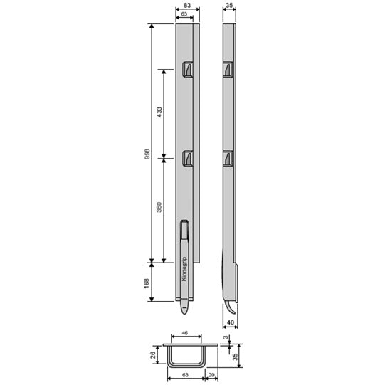 K5 Rear pillar steel KTL, right, narrow, 1000 mm BWH