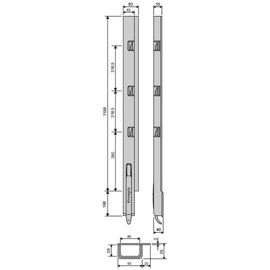 K5 Rear pillar steel KTL, right, narrow, 1200 mm BWH