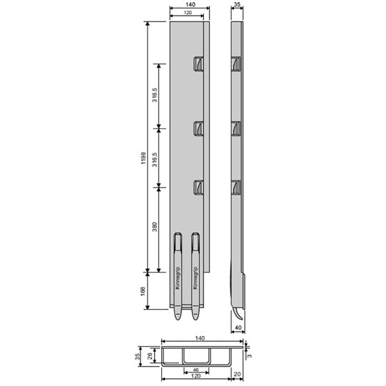 K5 Rear pillar steel KTL, right, 1200 mm BWH, without lock