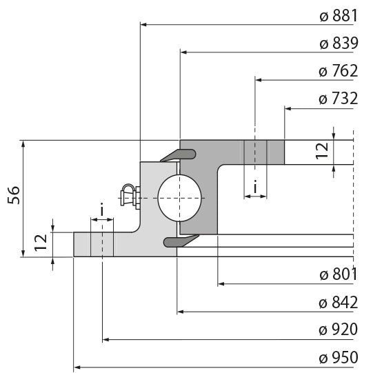 Ball race KLK KW95B53100, drilled, 180 kN, 950 mm