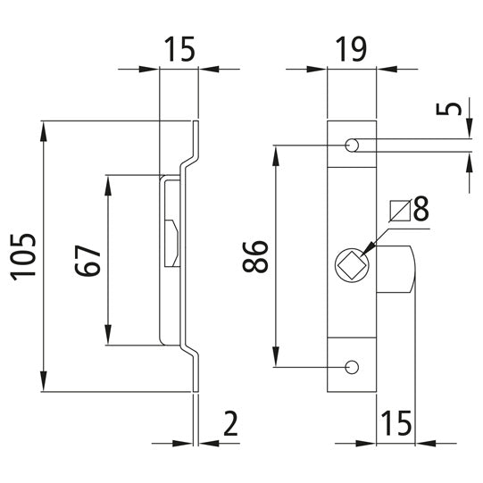 Tongue lock 105 × 19 mm, galvanised, can be used on both sides