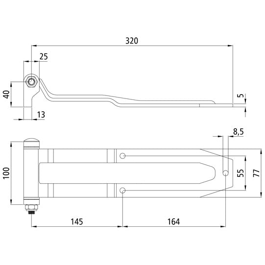 Rear door hinge, stainless, L 332.5mm, W 100/77mm, H 40mm