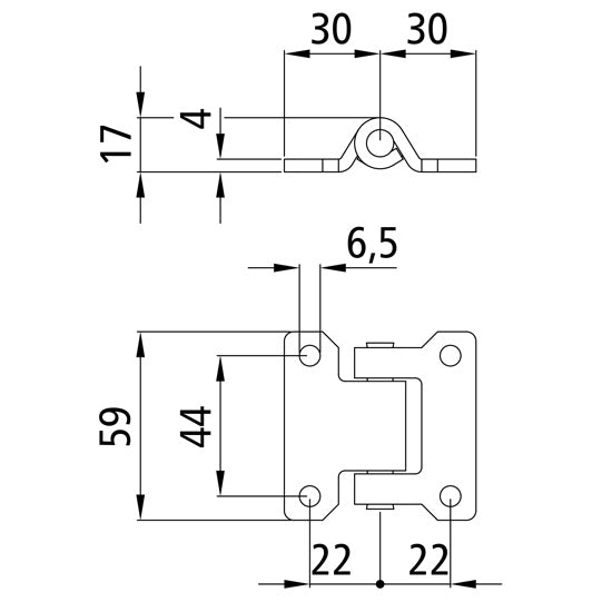 Side door hinge, SS, L 60 mm, W 44/59 mm, H9 mm