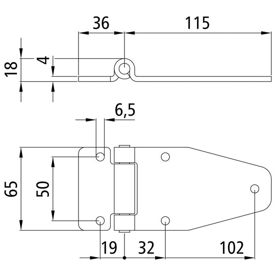 Side door hinge, SS, L 151 mm, W 65 mm, H10 mm