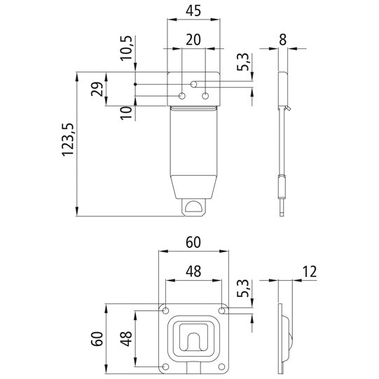 Side door ret., SS, complete, 123.5 mm