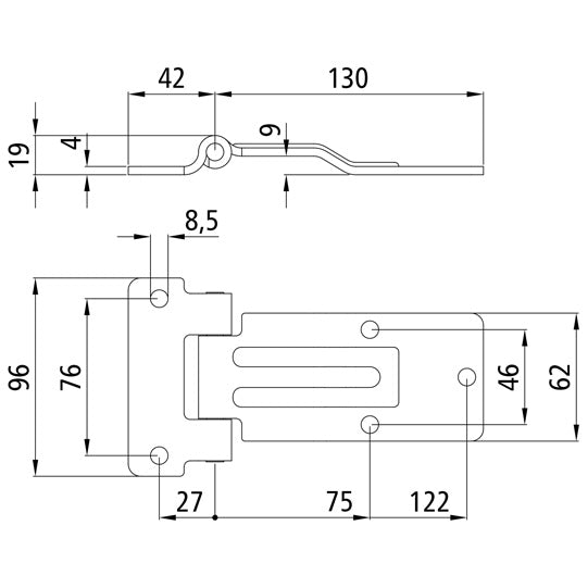 Furniture trolley hinge, stainless, L 172 mm, W 62/96 mm, H11 m