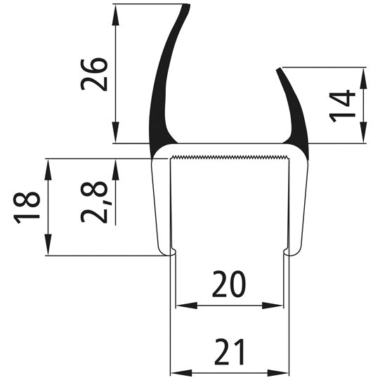 PVC hard-soft profile, grey, 20 mm, L 3000 mm