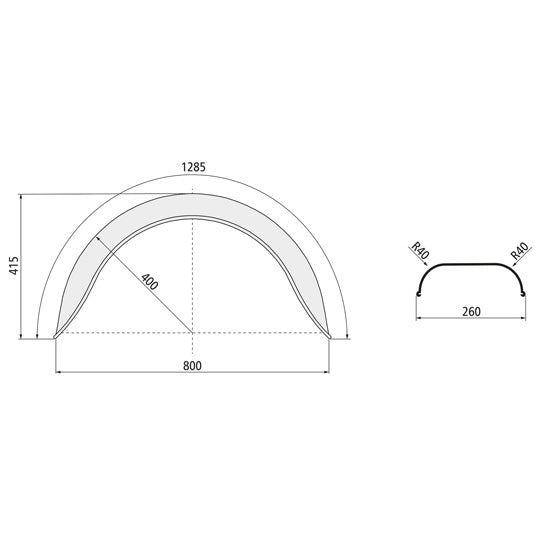 Mudguard H 2613, galvanized, 260 × 1285 × 415 × 400 × 800 mm