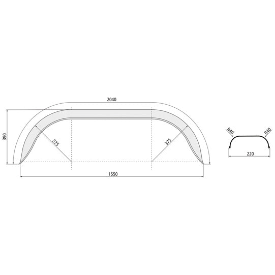 DA mudguard D 2220, galvanised, 220 × 2040 × 390 × 375 × 1550 m