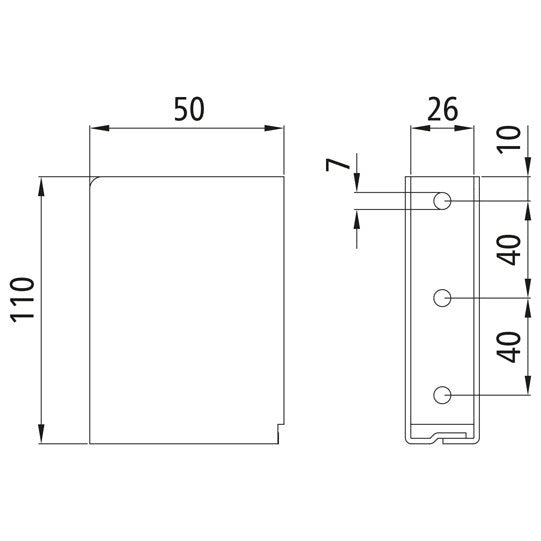 Insert pocket, closed,w.hole,50x110x26mm,raw,welded