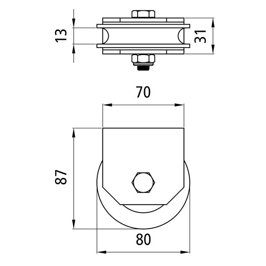 Rope pulley w/ bracket, raw, Ø 80 mm