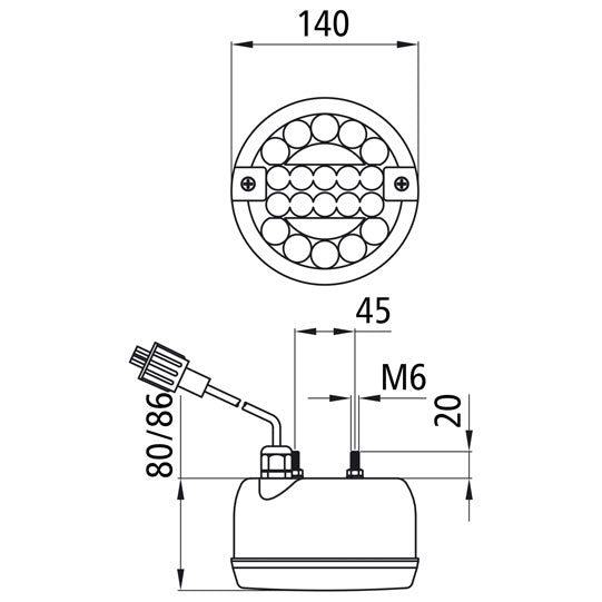 Reversing light LED, 12/24 V, 140 mm Ø, 1.50 m. 2-pin ASS