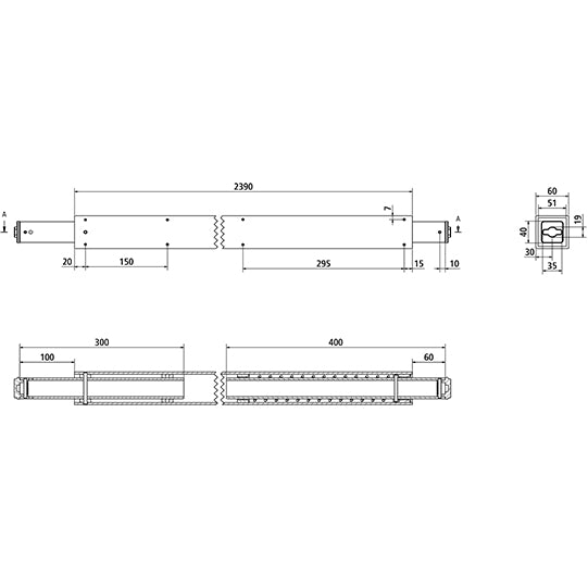 Neliönmuotoinen lukituspalkki. 2410–2560 mm. lentokiskon päätyosat