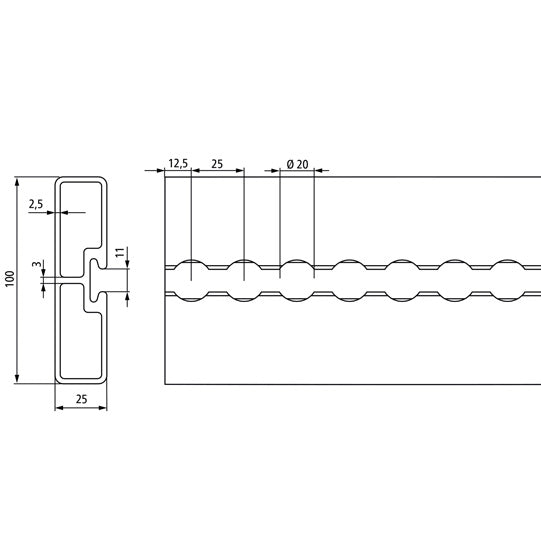 Airline insert profile 6001, aluminum anodised, 3600/100 mm