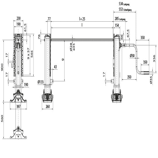 Supporting jack module B, L, MH 900 mm, stroke 560 mm