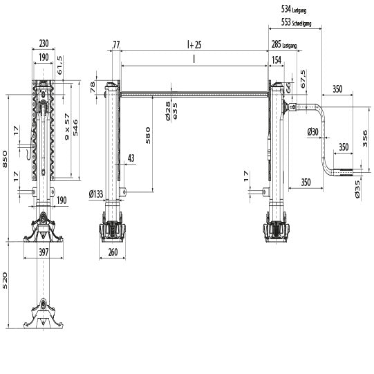 Supporting jack module B, R, MH 850 mm, stroke 520 mm