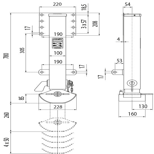 Drop support FS 075, operation R, H 780 mm, w/ A-foot