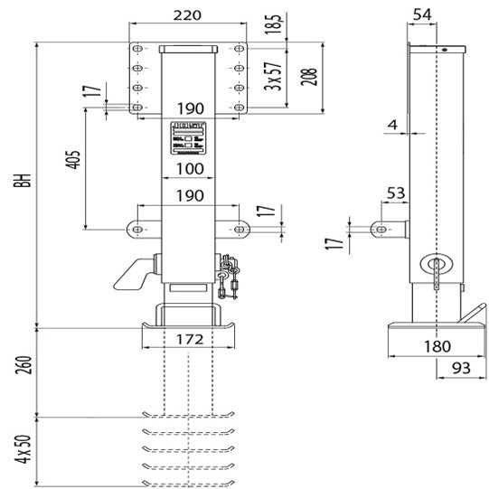 Pudotustuki FS 075, käyttö oikealta, korkeus 880 mm, T-jalalla