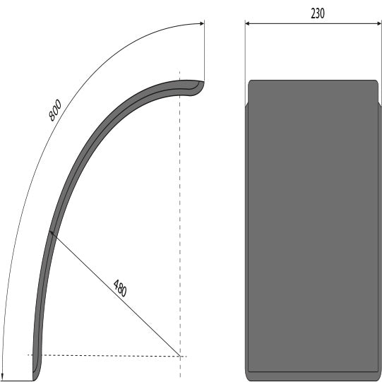Tractor mudguard, plastic, WxRxL 230x480x800