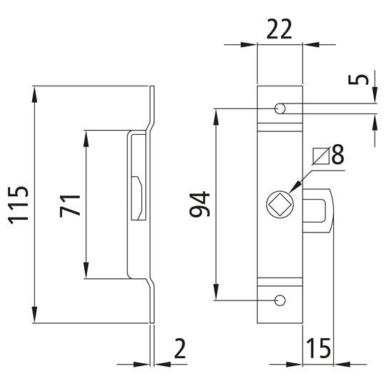 Tongue lock 115 x 22 mm, SS, can be used on both sides