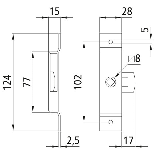 Tongue lock 124 x 28 mm, stainless, can be used on both sides