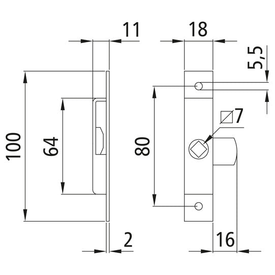 Tunglås 100 x 18 mm, svart galv., kan användas på båda sidor