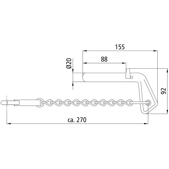 Holkkitappi 20 x 85 mm, raaka, ketjulla ja 80 mm:n lukkokoukulla