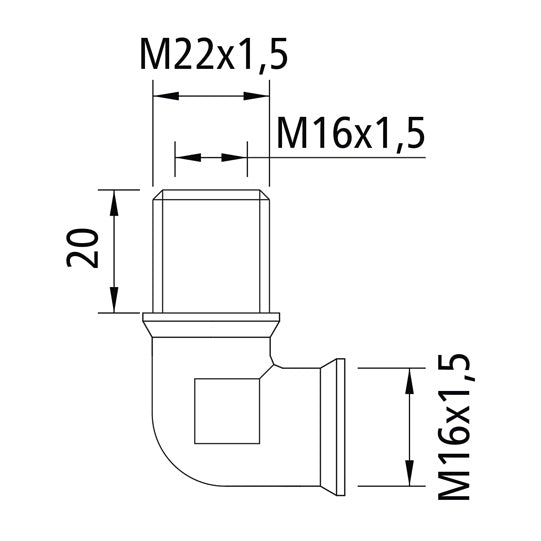 90° elbow penetration seal, M22x1.5/M16x1.5/M16x1.5, 20 mm