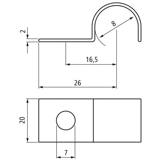 Mounting clip, single, 8 x 20 x 2 mm