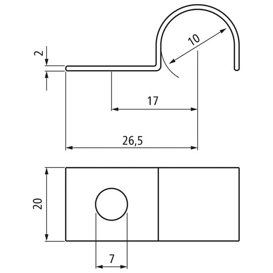 Mounting clip, single, 10 x 20 x 2 mm