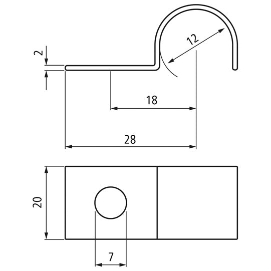 Mounting clip, single, 12 x 20 x 2 mm