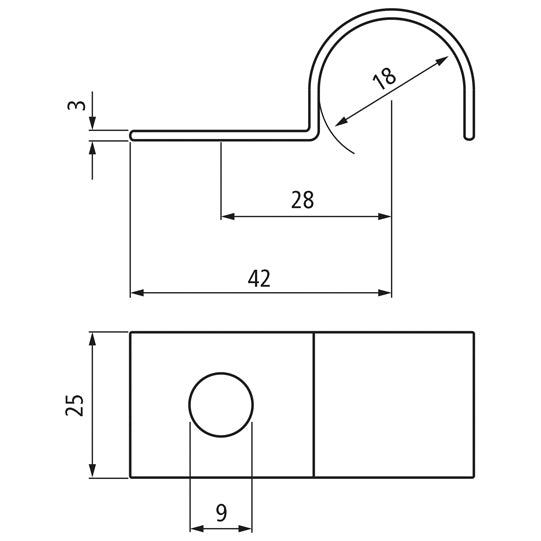 Mounting clip, single, 18 x 25 x 3 mm