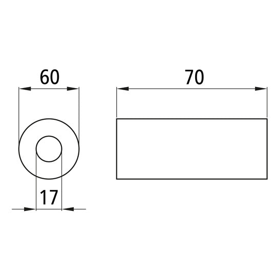 Rubber roller, length 70 mm, Ø 60 mm, bore 17 mm