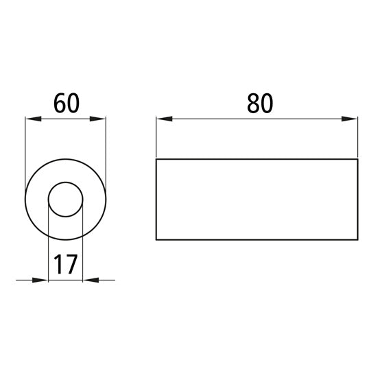 Rubber roller, length 80 mm, Ø 60 mm, bore 17 mm