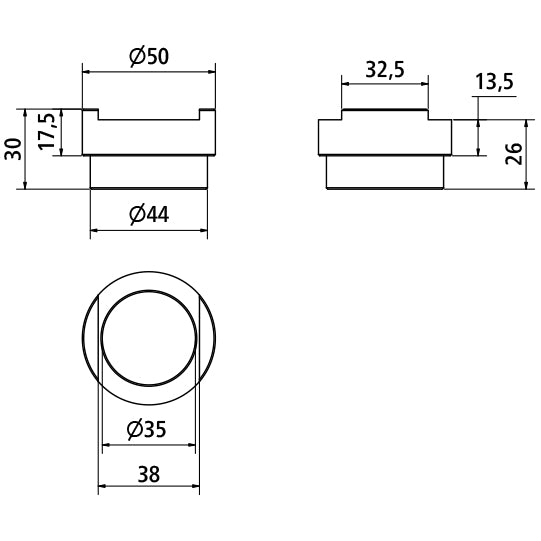 Weld-in bush, 35 mm bore, w/ 38.0 mm groove,