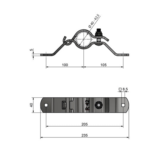 Bracket KS - R straight short, SS. Ø 40 - 42.5 mm