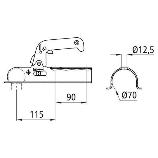 Ball coupling WW 8-C, f. drawbar tube Ø 70 mm