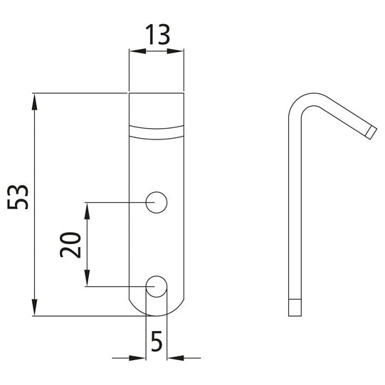 Platta krokar/fästeklämmor 53 × 13 × 3 mm, hålavstånd 20 mm, g