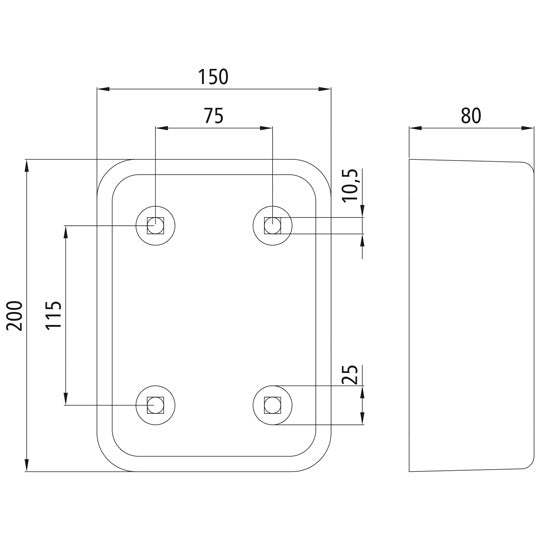 Rubber bumper 200 x 150 x 80 mm, w/ 4 holes